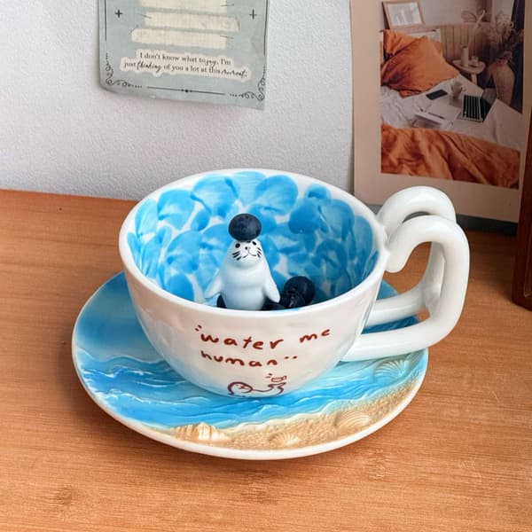 3D Keramisk Mugg med Matchande Tallrik, Djursimningsdesign, Kaffe Te Kopp Present till Älskare