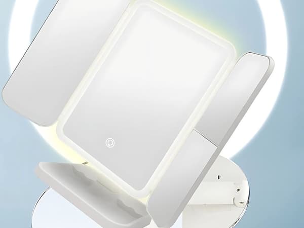 LED Sminkespeil, Sammenleggbart, 3 Lysfarger, USB Oppladbart, 52 LED, Berøringskontroll, 3x Zoom