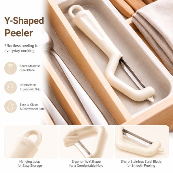Grøntsagsskræller med dobbeltblad, ergonomisk håndtag, rustfrit stål, beige