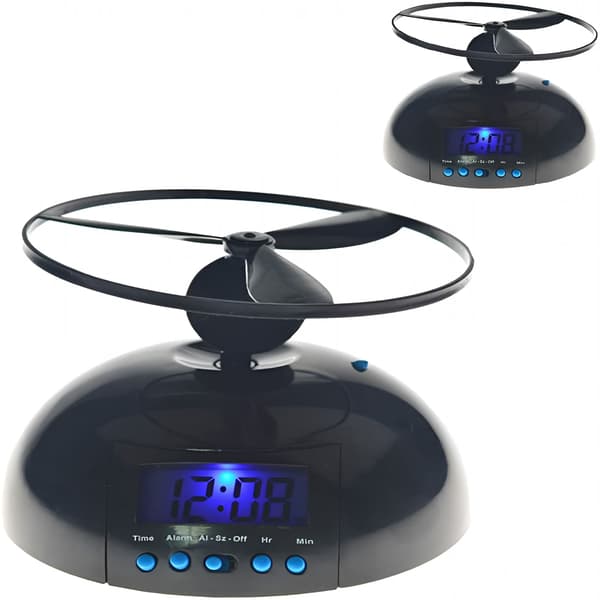 Flygande väckarklocka med LED-display, svart, 1 st 14x6 cm, snooze-propeller, högljudd för sovrum