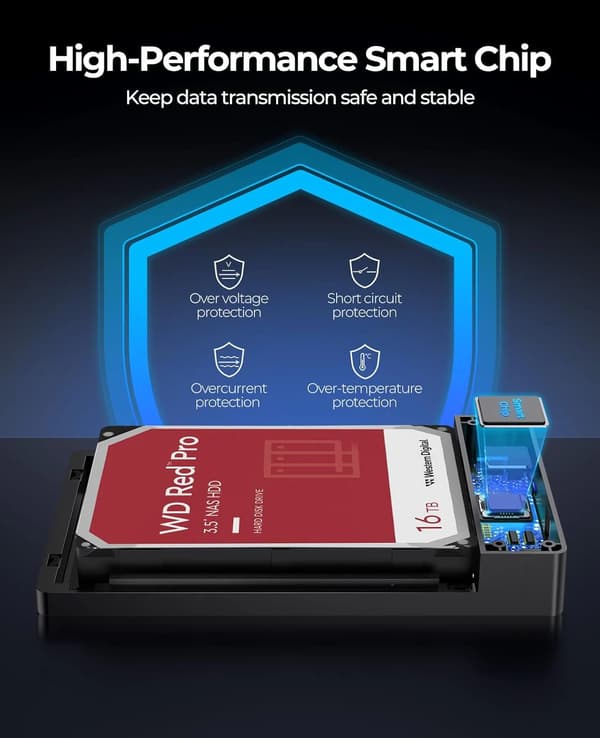 3.5\" SATA III till USB 3.1 Typ-C Externt hårddiskkabinett, Svart ABS, Stöder 16TB, Verktygsfritt, Demo