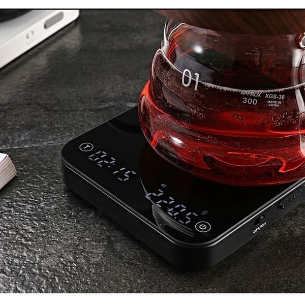 Digital kaffevekt med timer, 0,1 g presisjon, LED-skjerm, Auto/Smart Espresso/Flow-moduser, svart