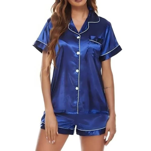 Pyjamas i satin för kvinnor, kortärmad, blå, knäppt, elastisk midja, alla säsonger L