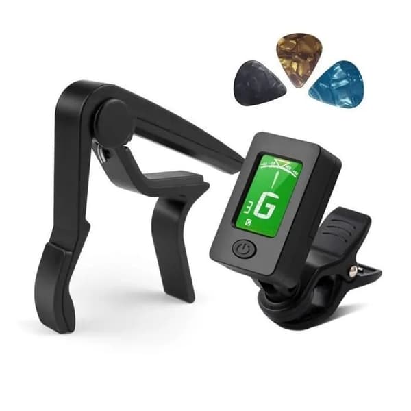 Kromatisk gitarrstämmare med capo, ABS-plast, CR2032-batteri, svart
