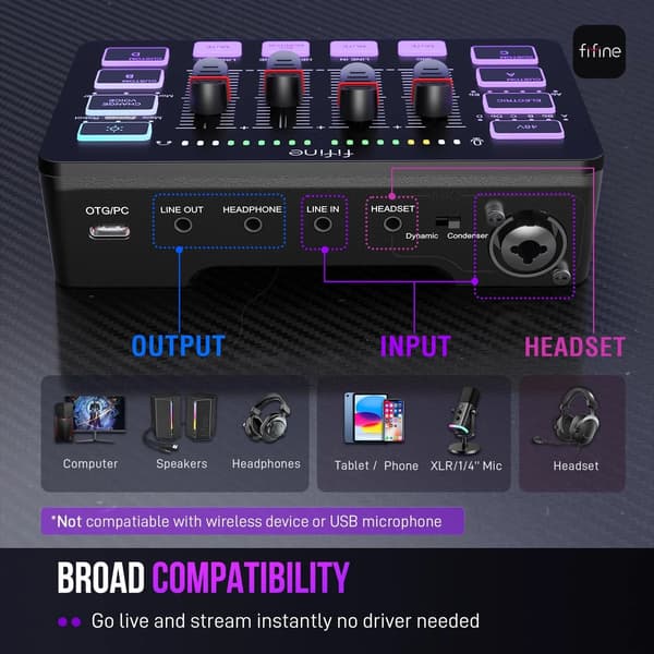 Streaming RGB PC-mixer med XLR-indgang - Lydeffektprocessor til live-udsendelse og podcasting (demoenhed)