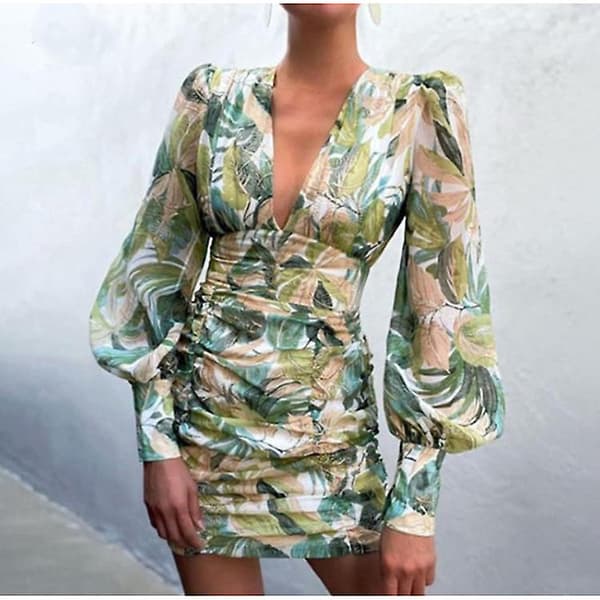 Dam Puffärm V-ringad Kort Klänning GREEN 2XL