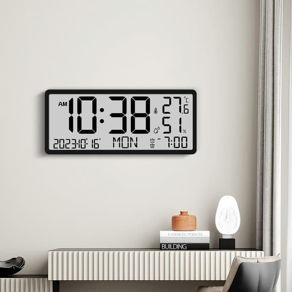 Modern LCD-väggklocka med alarm, termometer, evighetskalender, stor skärm, batteridriven 9554 black