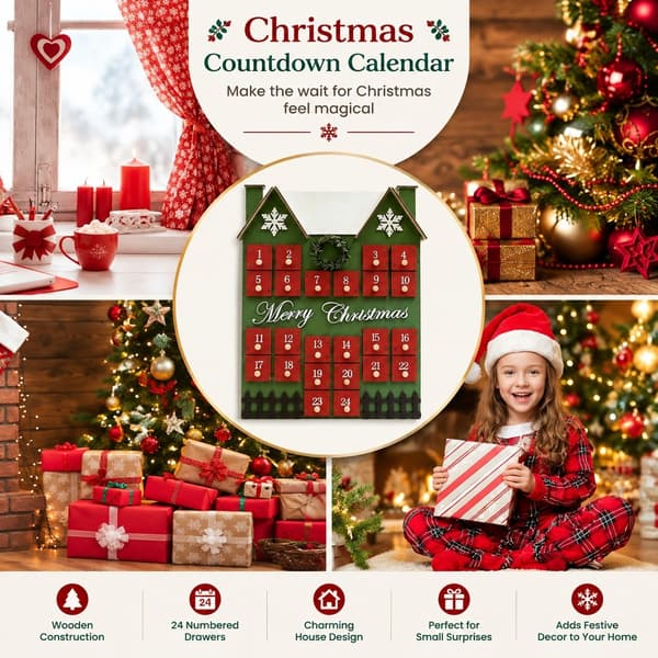 Nedtellingkalender i tre til jul, 24-dagers adventsboks i husform, rød, borddekorasjon