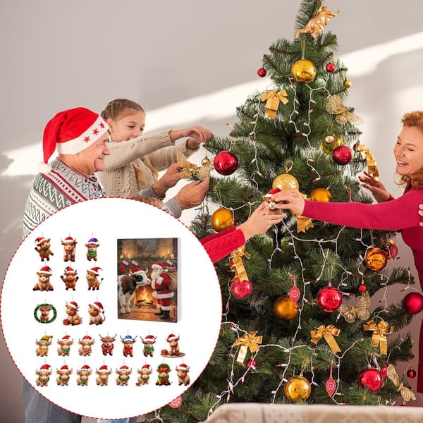 Julekalender med Highland-ku, 2D akryldekorasjon, 24 dagers nedtelling, festpynt M