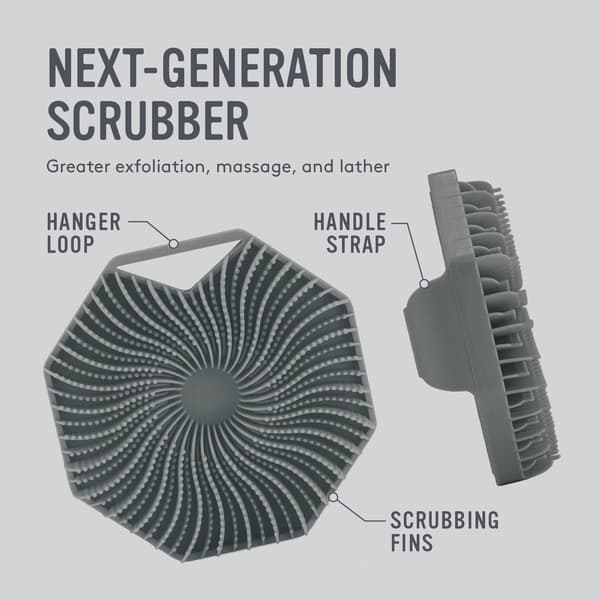 Silikonkroppsborste och massageapparat, grå, exfolierande duschborste, ergonomiskt grepp