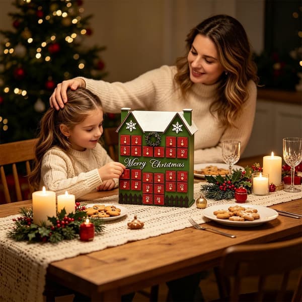 Nedtellingkalender i tre til jul, 24-dagers adventsboks i husform, rød, borddekorasjon