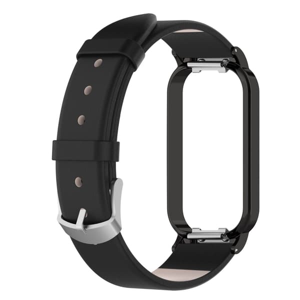 Ægte læder urrem med etui til Redmi Band 2, sort, spænde i rustfrit stål