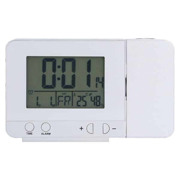 Projeksjonsvekkerklokke med LED-bakgrunnsbelysning, USB-lading, tids- og temperaturvisning, multifunksjonell