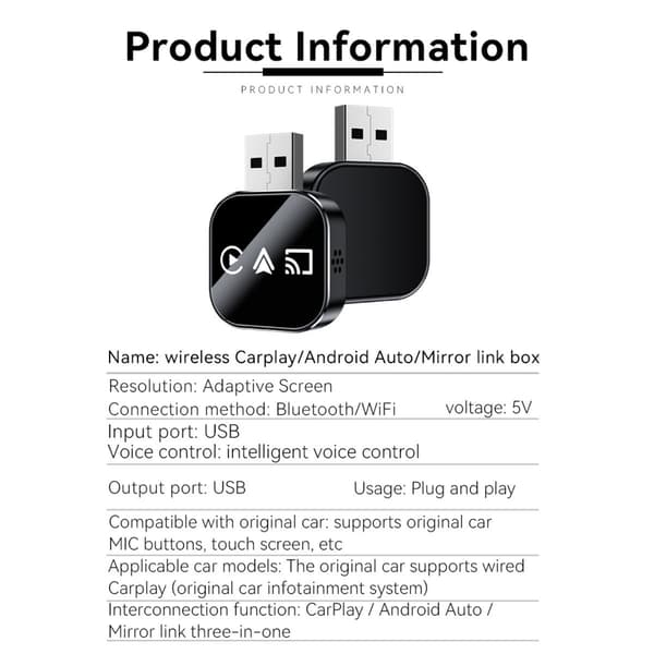 Langaton CarPlay Android Auto Mirror Link -sovitin, 3-in-1, Musta Tech Sininen Metalli & Lasi