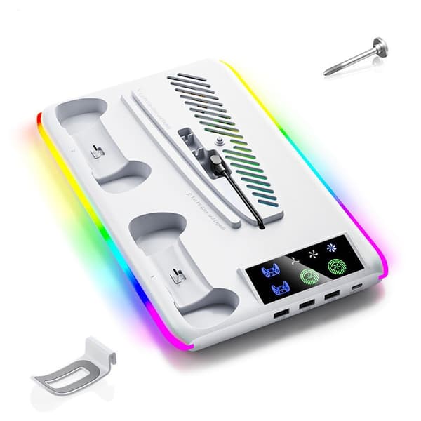 PS5 PS5 Slim Kjøleviftestativ, Dobbel Kontrollerlader med LED, 3 USB-porter white