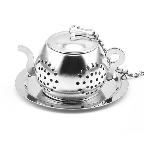 Tekanne-infuser i rustfritt stål, tekanneformet tesil, kreativ rund, sølv