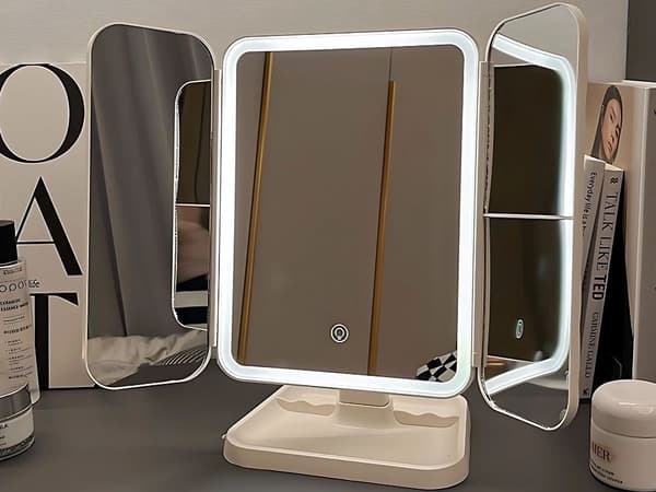 LED Sminkespeil, Sammenleggbart, 3 Lysfarger, USB Oppladbart, 52 LED, Berøringskontroll, 3x Zoom