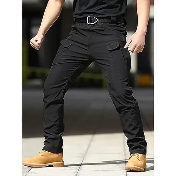 Herr Slim Fit Multi-Fickor Cargo Byxor med Dragkedja, Svart, Elastisk Midja, Arbete