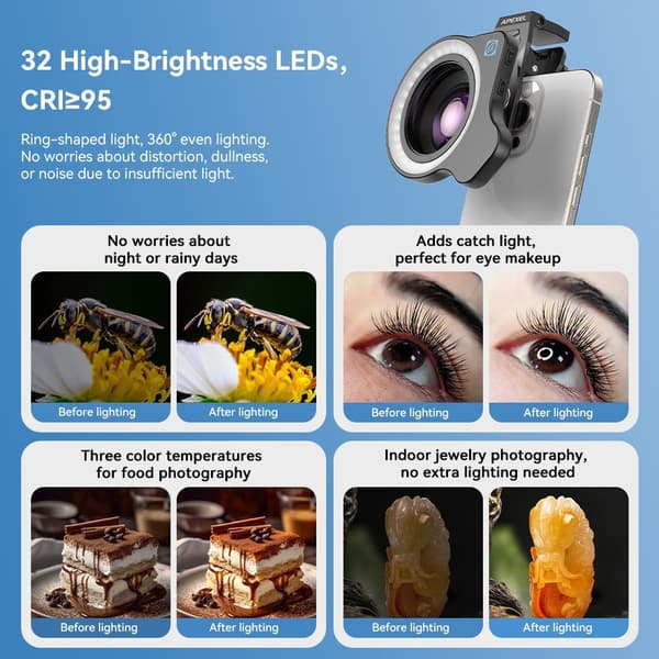 Telefonlinskit, Makro 20x Zoom 10x med Ringljus, Kompatibel med iPhone Samsung Huawei