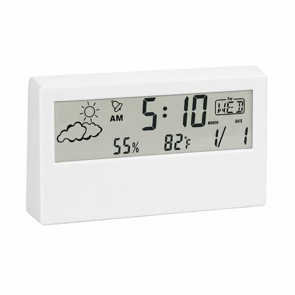 LCD Digitalt Vækkeur med Termometer Hygrometer, Hvid Transparent, Klart Display, til Soveværelse Kontor
