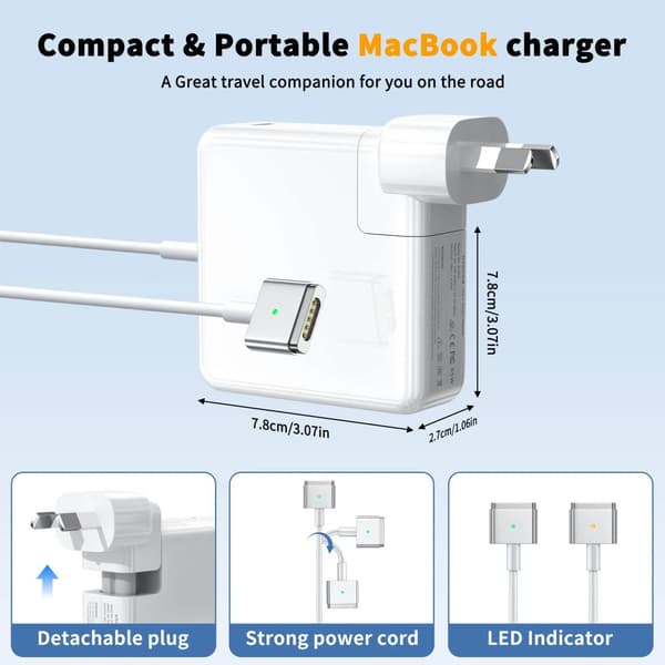 85W T-Tip Vit Ersättningsströmadapter för MacBook Pro - Magnetisk Laddare