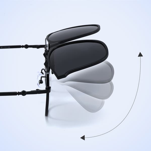 Clip-on solbriller, sort stel med sortgrå linser, polariserede UV400, til receptpligtige briller