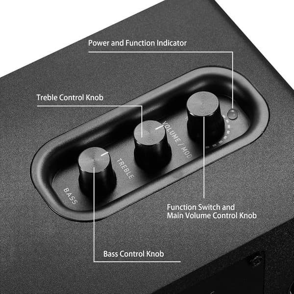 60W kulfiber reolhøjttalere, Bluetooth 5.0 aktiv stereo, 24-bit DAC med diskant- og basjustering