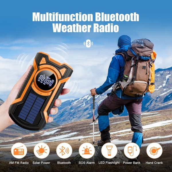 Aurinkoenergialla toimiva hätäradio käsiveivillä, AM/FM/Sää, Bluetooth, taskulamppu, 5000 mAh