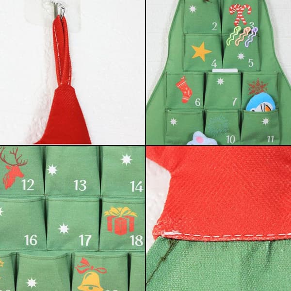 Adventskalender i stoff, 24-dagers juletreformet oppbevaringspose, gjenbrukbar nedtelling