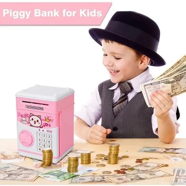 Elektronisk minibank sparegris, automatisk rullende kontantmyntsafe, passord, for barn, rosa