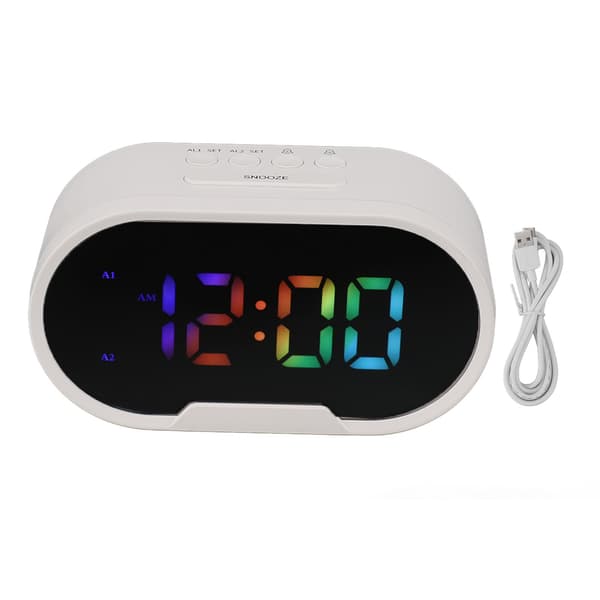 LED digital vekkerklokke, hvit, store sifre, dimbar, justerbart volum, 2 alarmer for barn og studenter