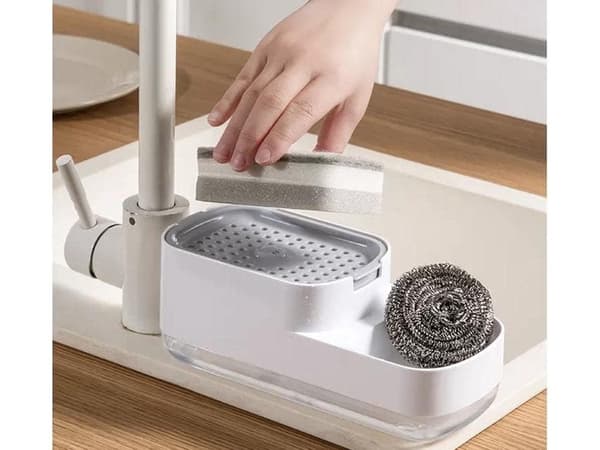 Diskmedelsdispenser för diskho, med svamphållare, plast, enkel att rengöra