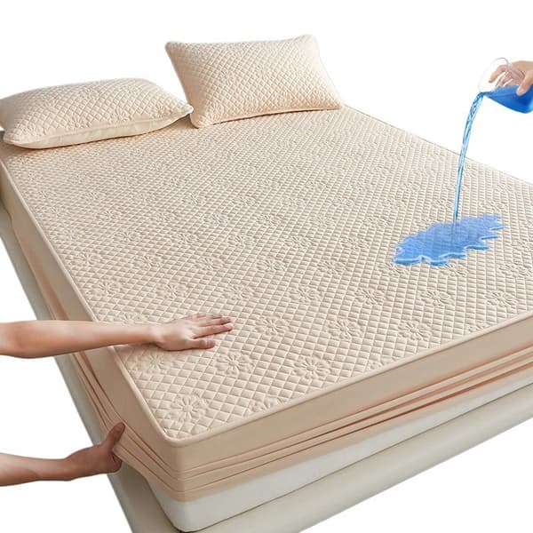 Vandtæt Tekstureret Madrasbeskytter med Elastiske Stropper, Khaki, 200x200cm, 28cm Dyb