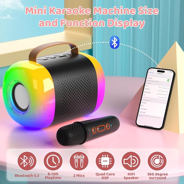 Bærbar Bluetooth Karaoke Maskine med 2 Trådløse Mikrofoner, LED Lysshow, til Børn og Voksne
