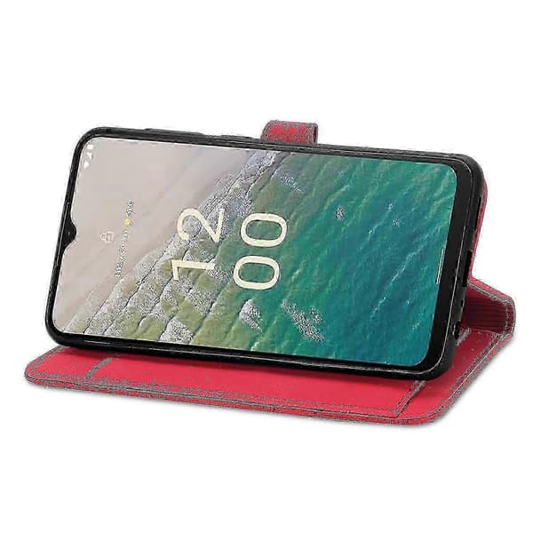 Flip lædercover med blomsterprint, lynlåslomme, pung og stativ til Nokia C32 - Red