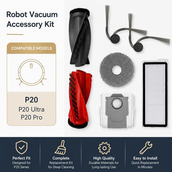 Roborock P20 Pro tilbehørssett, 1 par hovedbørster + 4 sidebørster + 2 filtre + 6 støvposer + 4 kluter