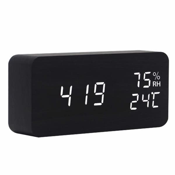 Digital LED Vekkerklokke, Svart, 1502, med Temperatur og Dato, Treutførelse