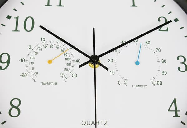 Veggklokke med termometer og hygrometer, 30 cm, stillegående, svart