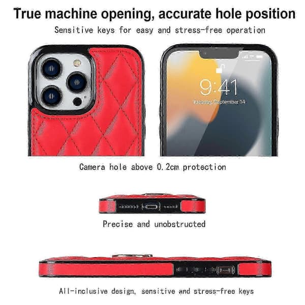 PU Läder+TPU Telefonfodral för iPhone 13 Pro Max, Sydd Romber Ringhållare Ställ Telefonöverdrag Red