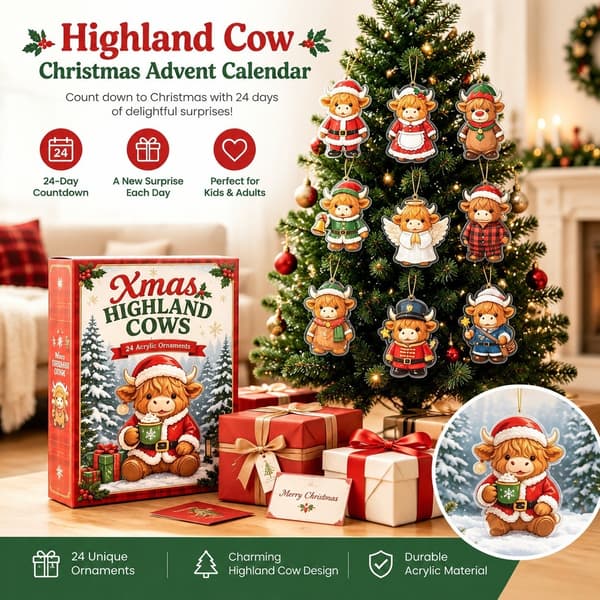 Highland Cow julkalender, 24-dagars nedräkningspresentask, PVC-dekoration