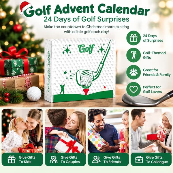 Golfadventskalender 2025, 24-dagars julnedräkning, present med golftillbehör