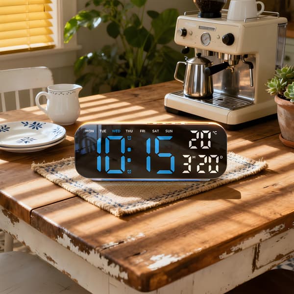 Digital väckarklocka med datum och temperatur, LED-display, dubbla larm, USB-driven, batteribackup, blå