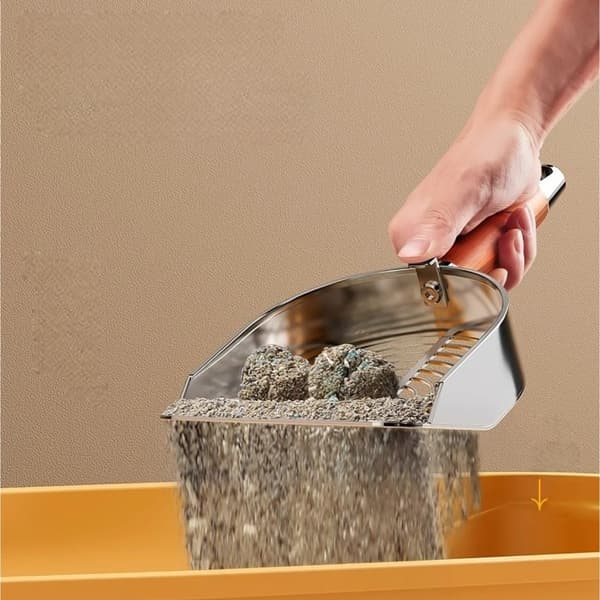 Kattespade i rustfritt stål med trehåndtak, finmasket for tofu-sand