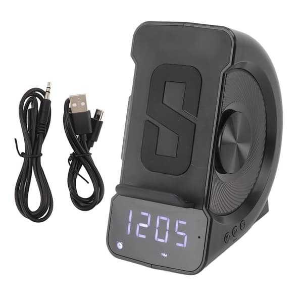 3-i-1 Bluetooth Højttaler Vækkeur, Trådløs Opladning, 10W, PC ABS, Sort til Sengebord