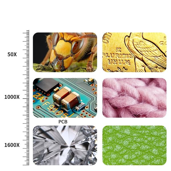 Bærbart 1000X elektronisk mikroskop, svart, med lyskontroll, ABS, for hudundersøkelse