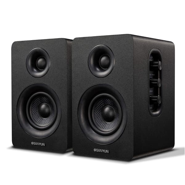 60W kulfiber reolhøjttalere, Bluetooth 5.0 aktiv stereo, 24-bit DAC med diskant- og basjustering