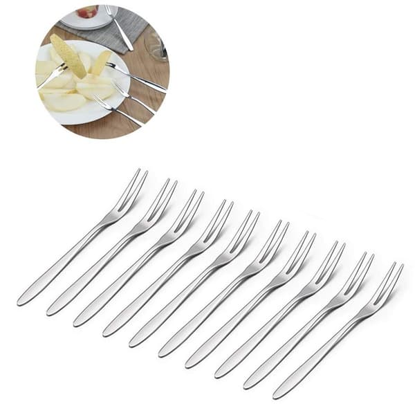 Fruktgafler i rustfritt stål, speilfinish, 2-tind, sett med 10