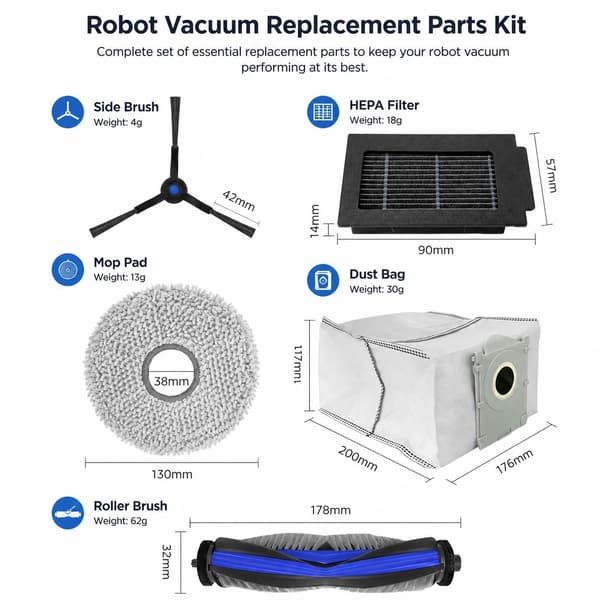 Ecovacs T50 Max Pro Omni tilbehørssæt 1, hovedbørste, sidebørster, filtre, moppe, støvposer