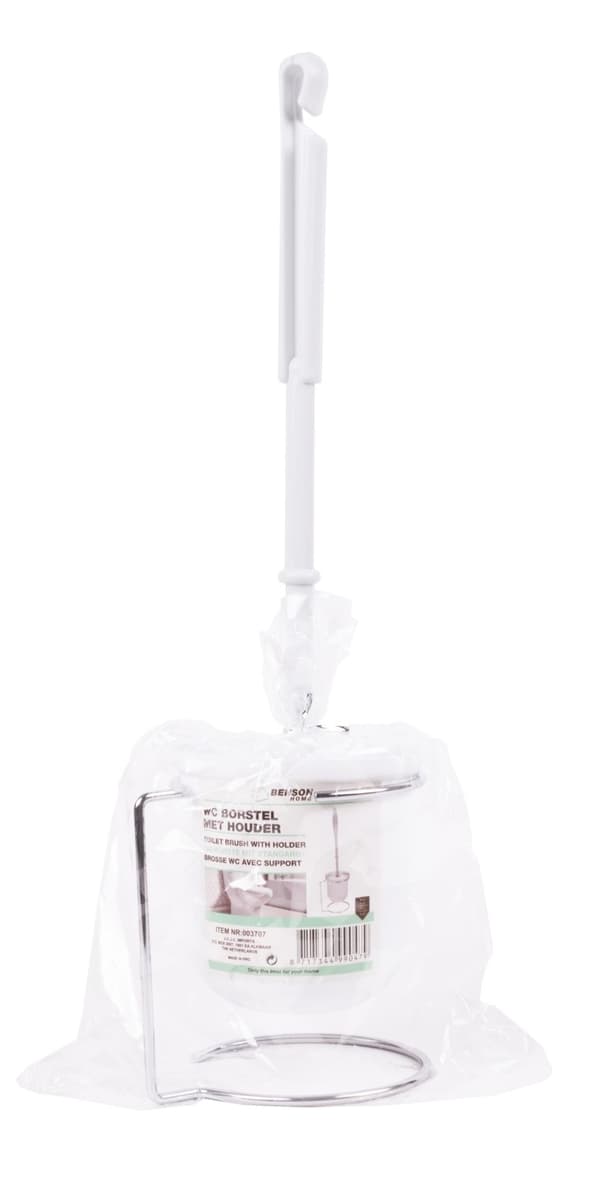 Toalettbørste med holder, hvit, metallstativ, 39 cm, baderomstilbehør
