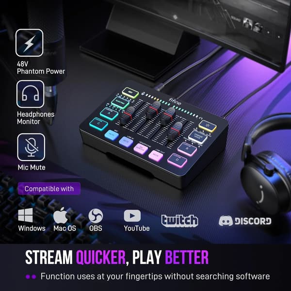 Streaming RGB PC-mixer med XLR-indgang - Lydeffektprocessor til live-udsendelse og podcasting (demoenhed)